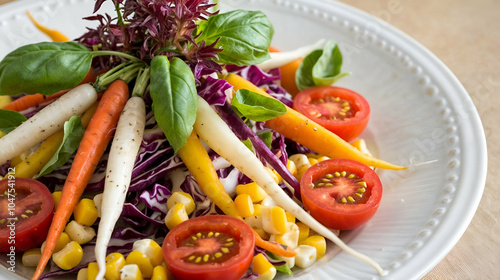 a beautifully plated dish, with a close-up shot. The dish is a salad with a variety of fresh ingredients.