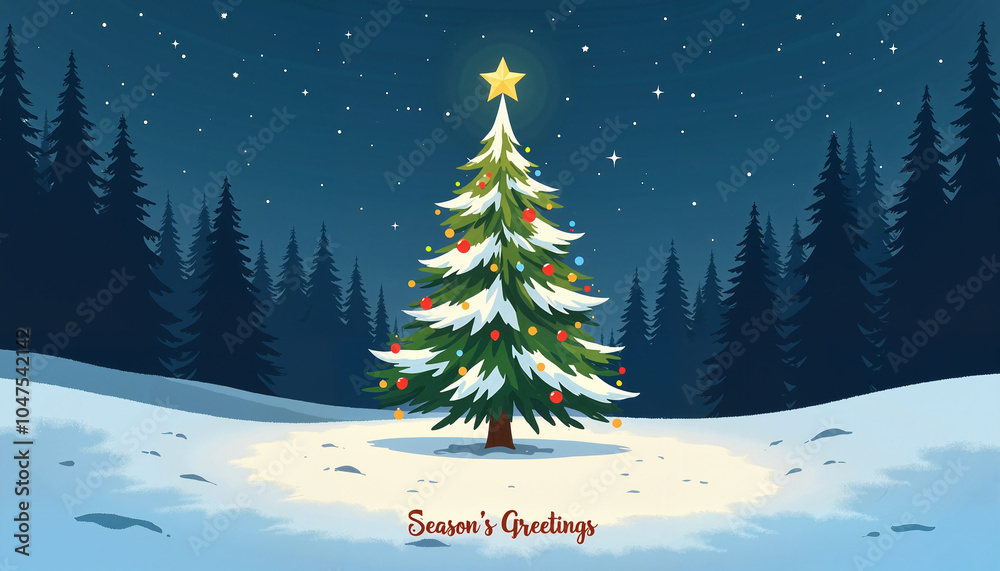 Fototapeta premium Season's greetings with a beautifully decorated Christmas tree under a starry night sky