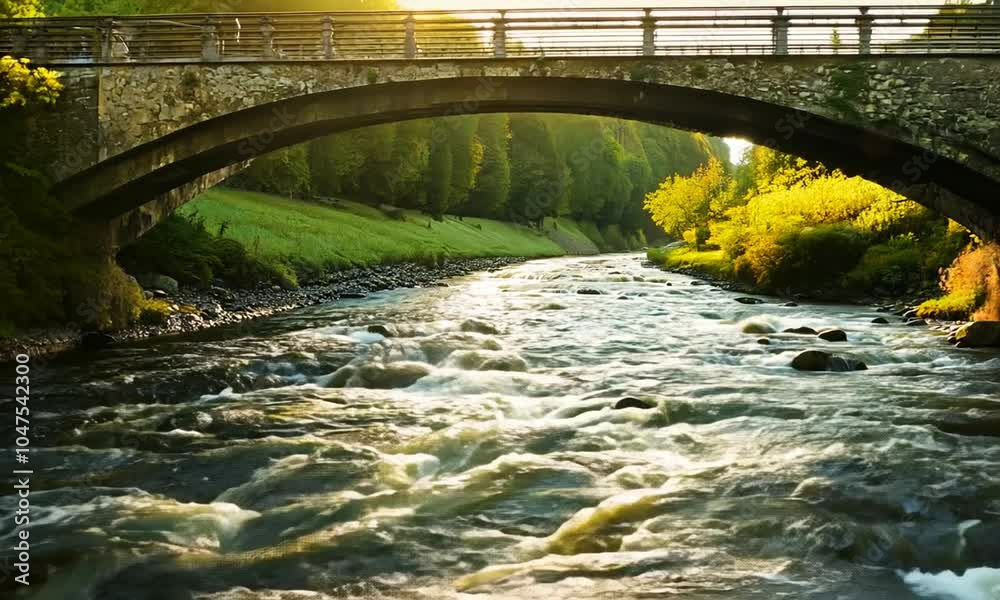 Slow-Flowing River Under a Stone Bridge