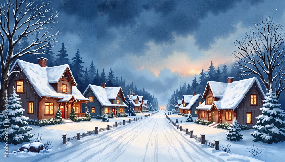 Naklejka premium Charming winter village with cozy homes along a snowy road at twilight
