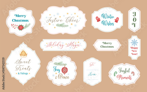 Cute winter labels with season greetings and wishes like merry Christmas and Happy new year. Christmas tags sheet printable. Vintage cut shapes for greeting labels, gift tags, Xmas cards or stickers.