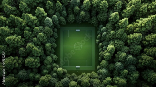 Football field in the middle of a forest, surrounded by trees