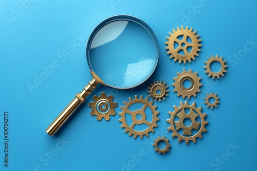 SEO audit and analysis are represented by a magnifying glass and gears on a blue background, Generative AI. photo