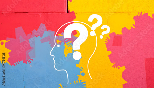 Moving Questionmarks in Human Head outline in front of a color wall background. Business Psychology concept isolated with white highlights, png photo