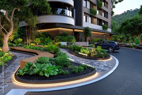 A rooftop garden with vegetable planters, benches, and a communal seating area in a sustainable apartment complex, capturing the eco-friendly amenities provided for residents, symbolizing sustainabili photo