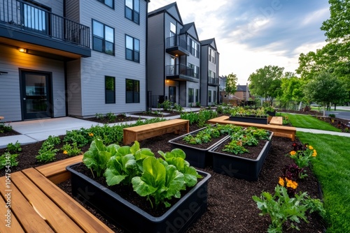 A rooftop garden with vegetable planters, benches, and a communal seating area in a sustainable apartment complex, capturing the eco-friendly amenities provided for residents, symbolizing sustainabili photo