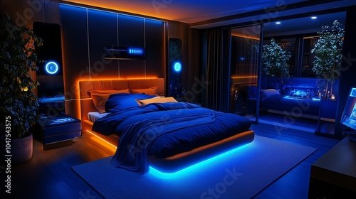 Modern bedroom with blue and orange lighting, large bed with glowing base.