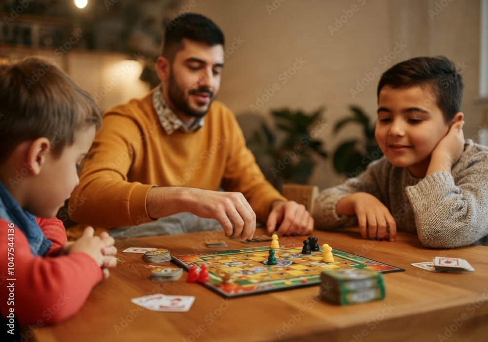 Father and sons enjoying board game night at home in cozy living room. Father and sons enjoying board game night at home in cozy living room.