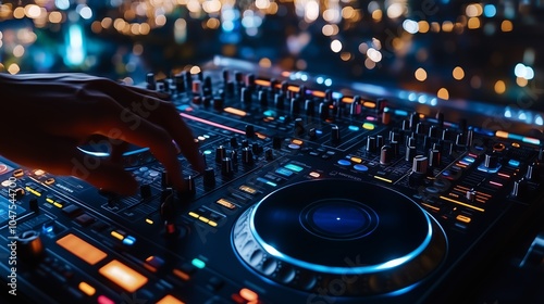 A hand adjusts the knobs and faders of a music mixing console.