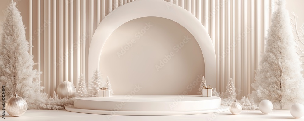 A serene minimalist winter setting featuring a circular stage with snow-covered trees and elegant decorations A serene minimalist winter setting featuring a circular stage with snow-covered trees and elegant decorations