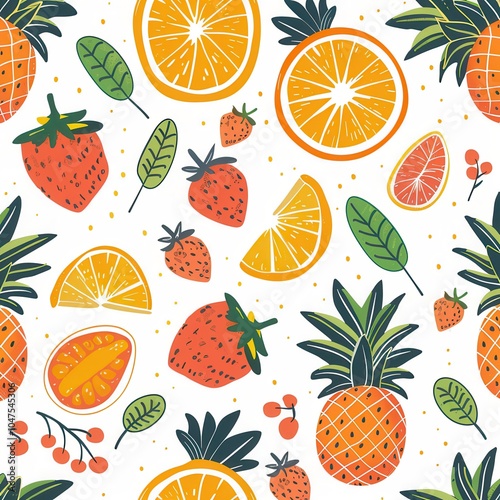 This vibrant design showcases a lively assortment of oranges, strawberries, and pineapples against a bright white backdrop. Generative AI