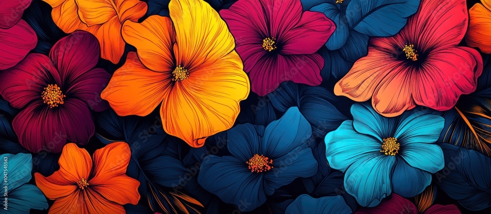 custom made wallpaper toronto digitalA vibrant pattern of colorful flowers in a dark background.