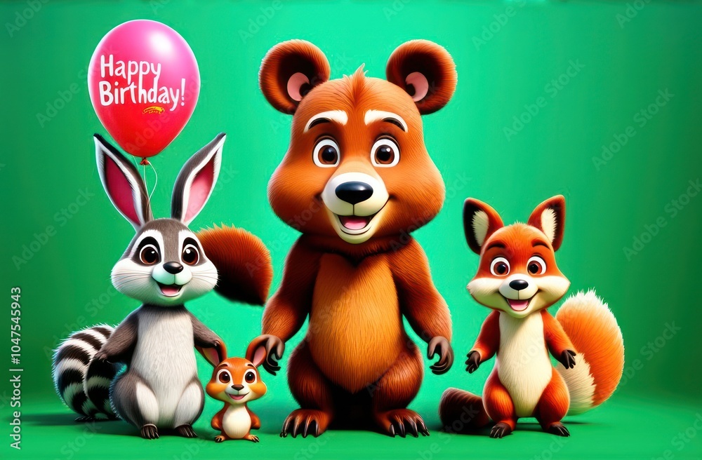 Nursery art wild animals and balloons on green backdrop. Happy birthday concept. Nursery art wild animals and balloons on green backdrop. Happy birthday concept.