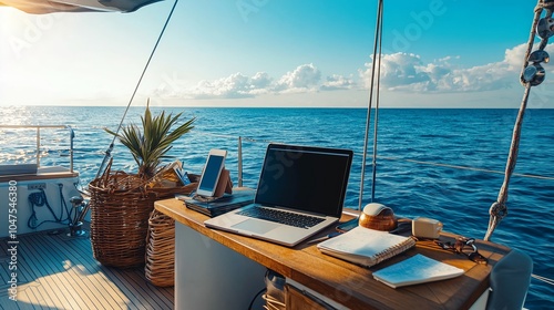 Workspace on a Yacht with Laptop and Scenic View