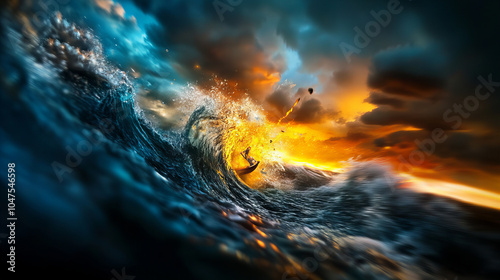 Banner with fearless surfer navigating massive roaring ocean wave under dramatic stormy skies and fiery sunset colors