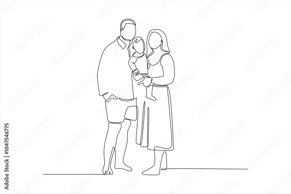A minimalist line drawing of a family, depicting parents holding a child. A minimalist line drawing of a family, depicting parents holding a child.