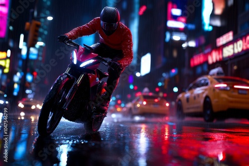 Hyper-realistic image of a person cycling through city streets in the rain, with detailed water droplets, reflections on the pavement, and the intense focus of the cyclist, symbolizing the determinati photo