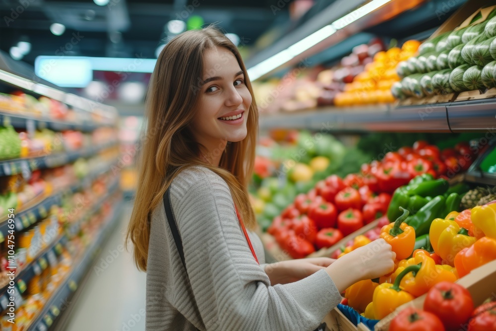 Young woman happily shopping for fresh vegetables in a supermarket during a sunny afternoon Young woman happily shopping for fresh vegetables in a supermarket during a sunny afternoon