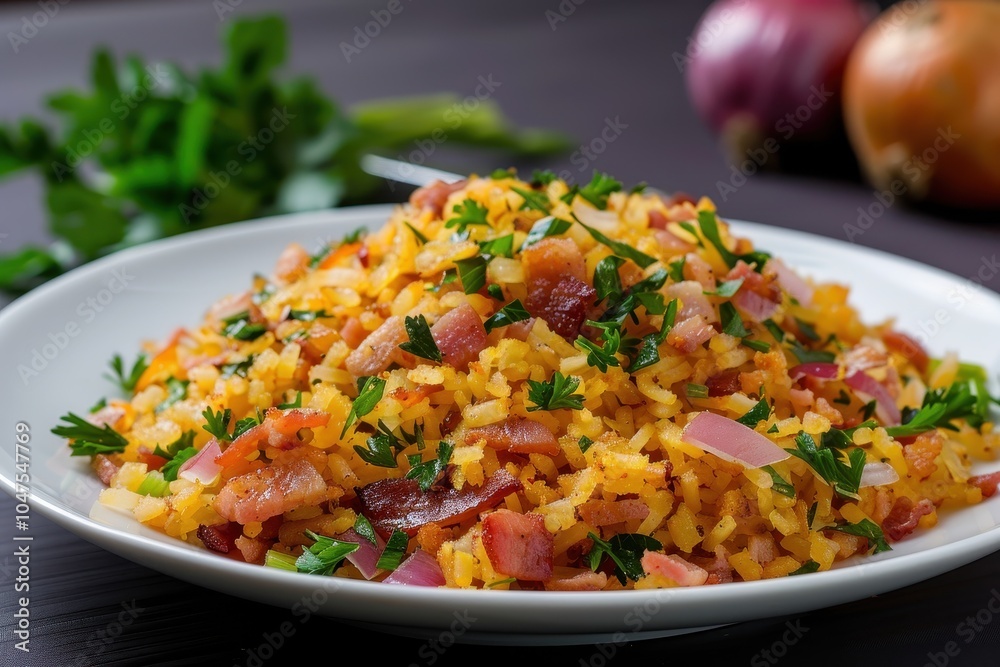 A plate of farofa, toasted cassava flour mixed with bacon, onions, and herbs, served as a side dish. A plate of farofa, toasted cassava flour mixed with bacon, onions, and herbs, served as a side dish.