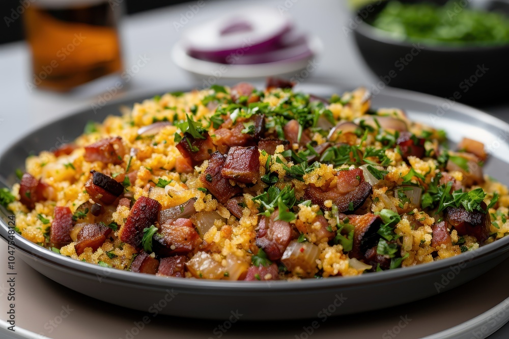 A plate of farofa, toasted cassava flour mixed with bacon, onions, and herbs, served as a side dish. A plate of farofa, toasted cassava flour mixed with bacon, onions, and herbs, served as a side dish.