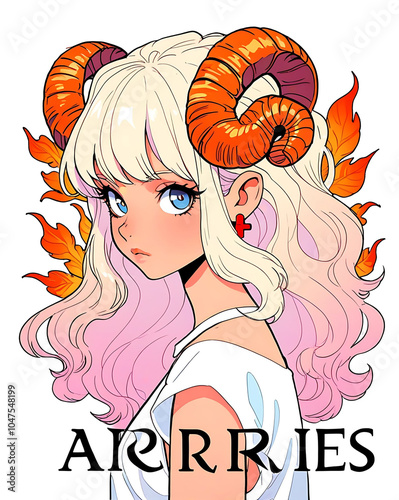 Aries Astrological zodiac horoscope illustration sign as a portrait beautiful girl with long hair and Horn.