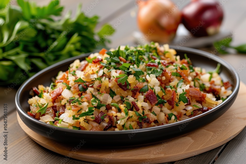 A plate of farofa, toasted cassava flour mixed with bacon, onions, and herbs, served as a side dish. A plate of farofa, toasted cassava flour mixed with bacon, onions, and herbs, served as a side dish.