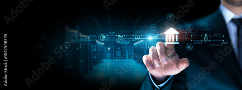 Online Banking: Businessman pointing icon with secure transactions, account management, digital payments, mobile banking, 24/7 access, user-friendly interface, financial tracking. photo