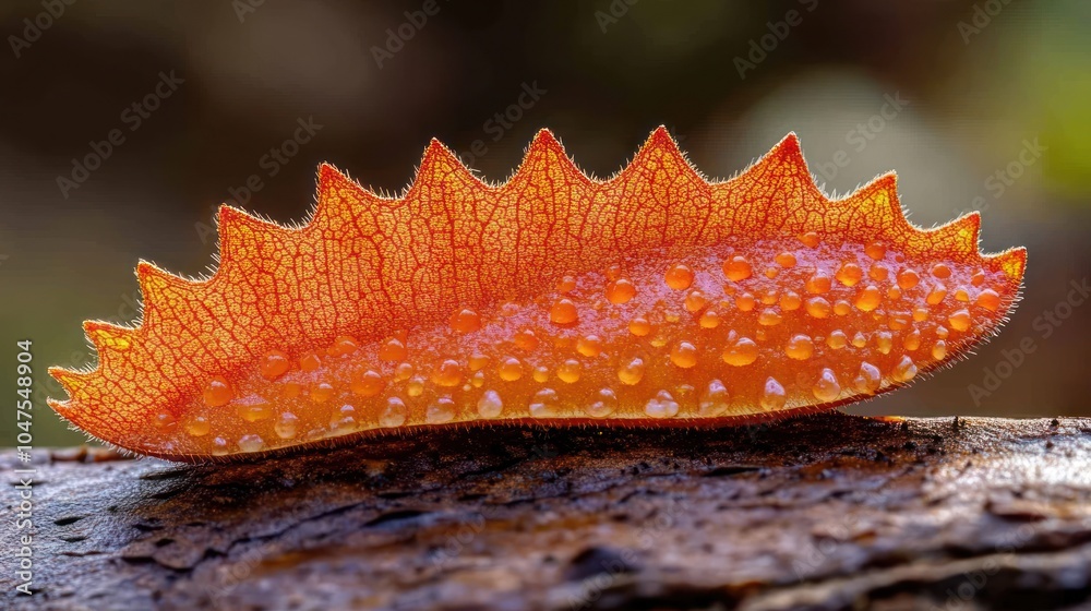 A close-up of a bright orange leaf with water droplets, resting on a wooden surface. A close-up of a bright orange leaf with water droplets, resting on a wooden surface.