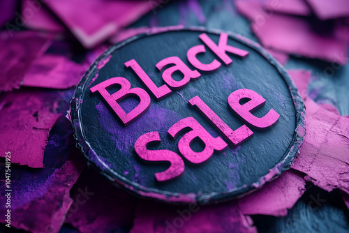 Creative display of a black sale sign amidst vibrant pink paper scraps during a promotional event