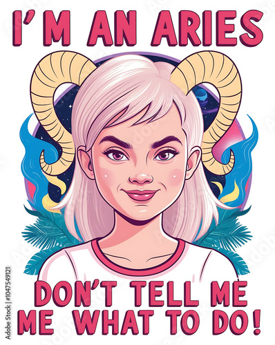 Aries Astrological zodiac horoscope illustration sign as a portrait beautiful girl with long hair and Horn.