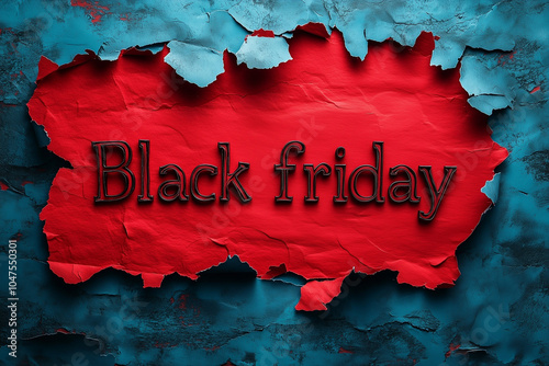 Creative design featuring torn paper displaying Black Friday sales promotion on a textured blue background photo