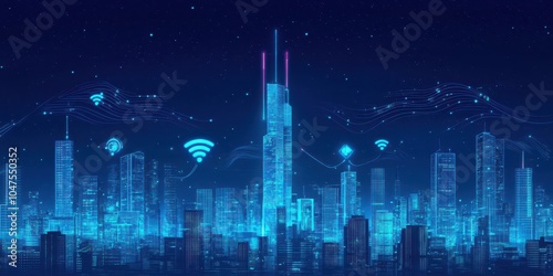 A futuristic cityscape with glowing 5G towers and data waves flowing between buildings, representing high-speed connectivity. 