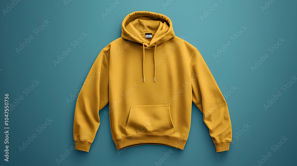 A plain yellow hoodie displayed on a blue background. A plain yellow hoodie displayed on a blue background.