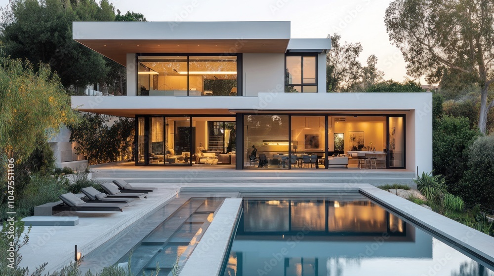 Modern house with swimming pool and large windows overlooking the garden. Modern house with swimming pool and large windows overlooking the garden.