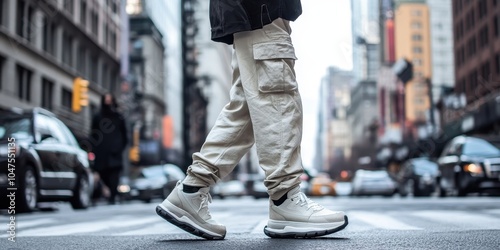 A person walking in a city street, wearing trendy streetwear and sneakers 