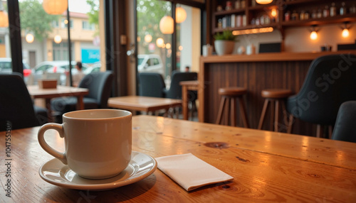 Ceramic Coffee Cup in Warm Ambient Cafe Setting