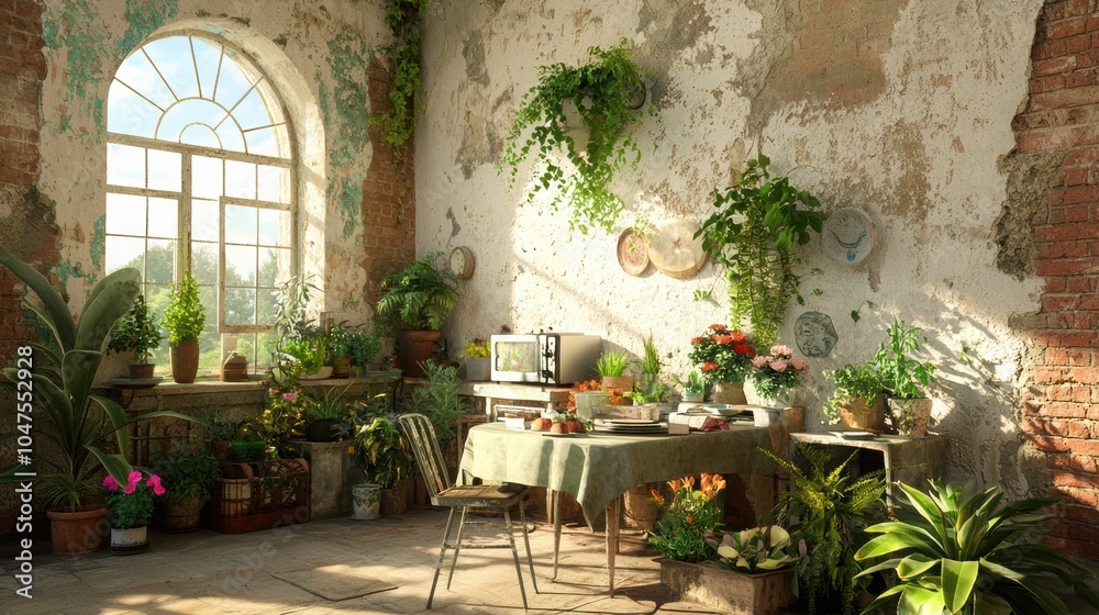 Obraz premium Bright indoor garden with lush plants and rustic decor, featuring a cozy table set for a delightful gathering.