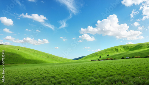 Landscape with grassy meadow, mountains, and blue sky with clouds