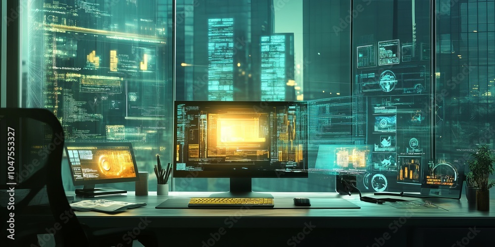 A computer sits on a desk in an office, surrounded by futuristic holographic images related to technology. This picture represents the idea of modern technology. A computer sits on a desk in an office, surrounded by futuristic holographic images related to technology. This picture represents the idea of modern technology.