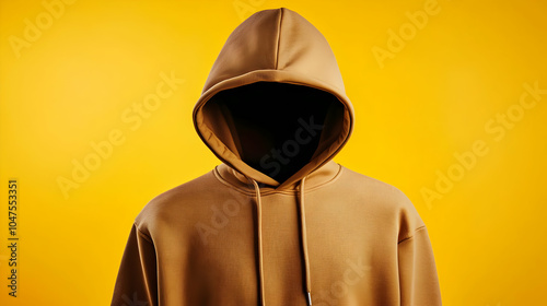 A hooded figure with no visible face against a vibrant yellow background.