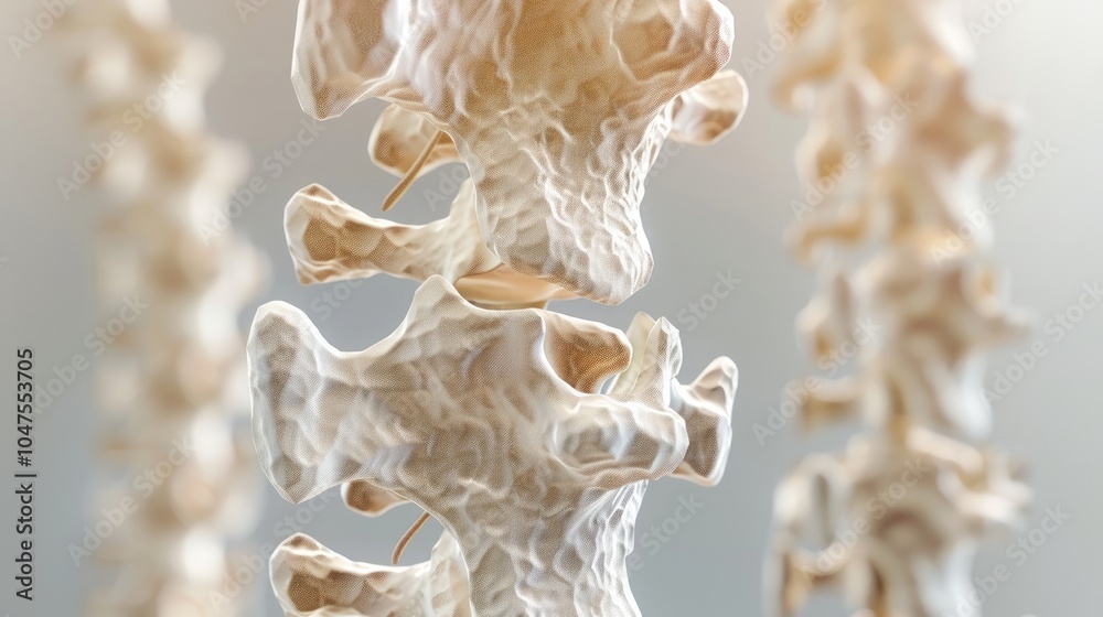 Osteoporosis Illustration, detailed depiction of weakened vertebral column bones, highlighting the fragility and density loss associated with this skeletal condition. Osteoporosis Illustration, detailed depiction of weakened vertebral column bones, highlighting the fragility and density loss associated with this skeletal condition.