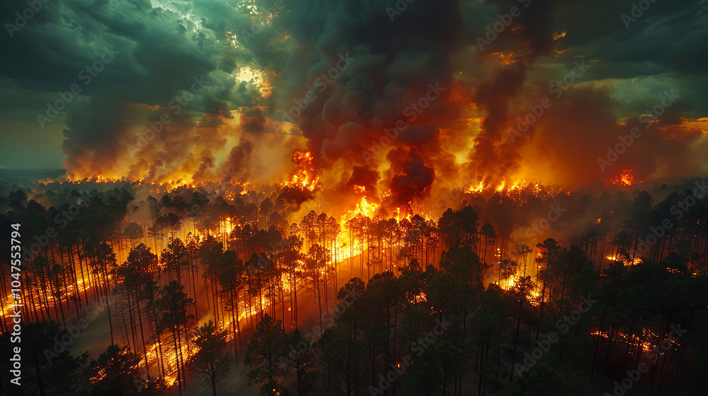 Aerial view of wildfire burning through forest at sunset creating dense smoke Aerial view of wildfire burning through forest at sunset creating dense smoke