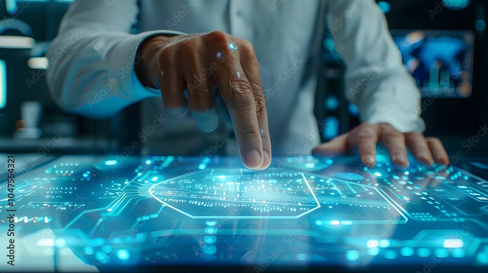 Digital Innovation: A close-up shot of a man interacting with a futuristic digital interface, a sleek holographic display showcasing the intricate circuitry of technology. Digital Innovation: A close-up shot of a man interacting with a futuristic digital interface, a sleek holographic display showcasing the intricate circuitry of technology.