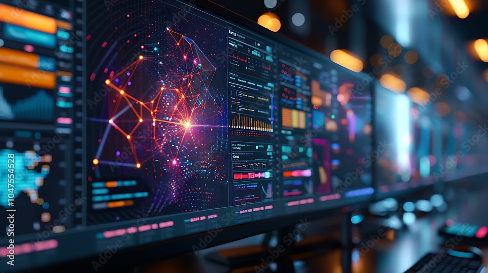 Cybersecurity Data Analysis: A close-up of a multi-monitor setup displaying complex data visualizations and network maps, representing cybersecurity analysis and monitoring in a futuristic. Cybersecurity Data Analysis: A close-up of a multi-monitor setup displaying complex data visualizations and network maps, representing cybersecurity analysis and monitoring in a futuristic.