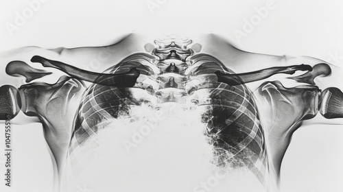 Clavicle Fracture X-ray, detailed view of a break at the midsection of the collarbone, highlighting the severity and alignment of the bone injury for medical evaluation