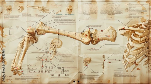 Humerus Fracture Healing Process, detailed illustration of humerus fractures, showcasing surgical intervention with pins and plates, highlighting stages of recovery and bone repair.