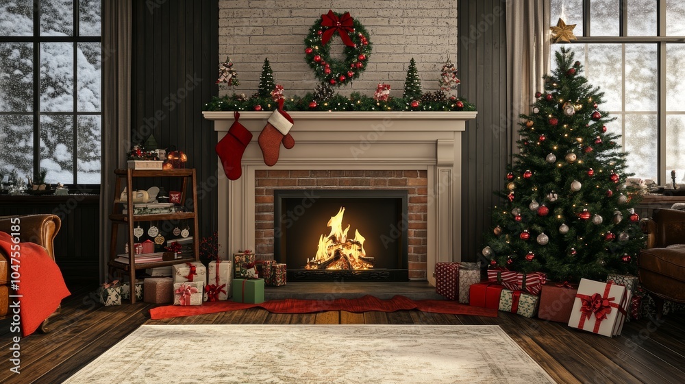 Fototapeta premium Fireplace with Christmas Tree Decorations in Cozy Living Room