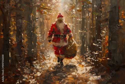 Santa Claus carrying wrapped presents, golden leaves and falling snow, vintage oil painting illustration