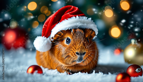 Realistic Christmas Guinea Pig wearing a Santas Hat, magical winter decoration, cute Xmas animal, snow, Christmas ornaments, festive holiday, animal, cozy snow-covered scene, holiday animal decor