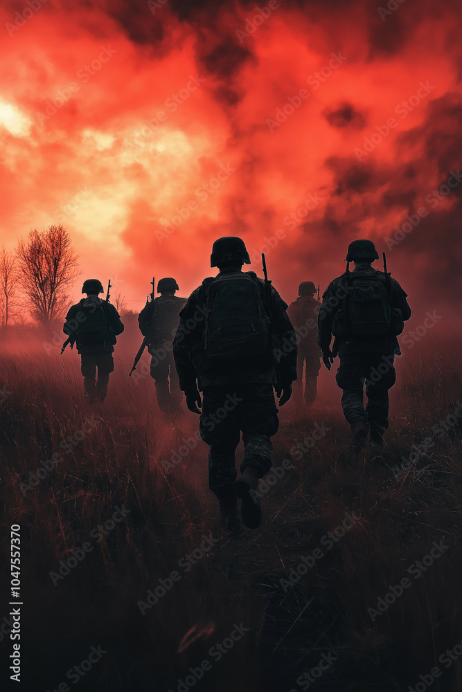 Obraz premium A group of silhouetted soldiers walk through a battlefield under a red-glowing sky, representing sacrifice and heroism.